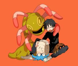 1boy :d black_hair black_legwear black_shirt blush closed_eyes commentary_request cradily creatures_(company) dirty game_freak gen_1_pokemon gen_3_pokemon grey_pants happy holding_cloth kabuto_(pokemon) male_focus newo_(shinra-p) nintendo omanyte open_mouth orange_background pants pokemon pokemon_(creature) shirt shoes short_hair simple_background sitting smile socks tongue white_footwear wiping |d