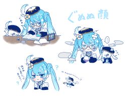 1girl :t ? animal asagao_minoru bandaid bandaid_on_face bandaid_on_forehead blue_eyes blue_hair blue_hat blue_jacket blue_nails blue_theme blush book braid chibi closed_mouth clothed_animal erlenmeyer_flask flask flower fur-trimmed_jacket fur_trim glasses gold_trim grey_vest hair_flower hair_ornament hat hat_feather hatsune_miku holding holding_flask holding_quill inkwell jacket light_blue_hair liquid long_hair looking_at_viewer messy_hair monocle multicolored_hair multiple_views neck_tassel off_shoulder open_book paper pout quill quilted_jacket rabbit rabbit_yukine ribbon round-bottom_flask semi-rimless_eyewear sigh simple_background sleepy smoke speech_bubble squeans starry_sky_print streaked_hair tassel test_tube twintails under-rim_eyewear vest vocaloid white_background writing yellow-framed_eyewear yuki_miku yuki_miku_(2025)_(candidate_no.4)