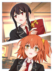 1boy 1girl ahoge ben-day_dots black_hair black_jacket blazer blush border ceiling center-flap_bangs chromatic_aberration classroom collared_shirt crossed_bangs door dutch_angle fate/grand_order fate_(series) fujimaru_ritsuka_(female) furrowed_brow gift giving hair_between_eyes hair_ornament hair_scrunchie hand_on_own_chest hetero highres holding holding_gift indoors jacket long_hair low_ponytail medium_hair necktie oda_nobukatsu_(fate) one_side_up orange_hair orange_sky outline outside_border peanut_mouth ponytail pseudo-tokyo_school_uniform red_eyes red_necktie school_uniform screentones scrunchie shirt sidelocks sky sunset sweatdrop t_kattu tile_ceiling tiles twitter_username v-shaped_eyebrows white_border white_outline white_shirt wide-eyed window yellow_eyes yellow_scrunchie