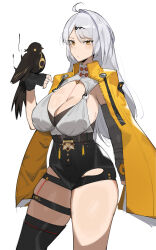 1girl ahoge bird breasts cleavage curvy dr_octojuice female_focus fingerless_gloves gloves highres large_breasts long_hair looking_at_viewer orange_eyes single_thighhigh skindentation solo thick_thighs thigh_strap thighhighs thighs white_hair yi_xuan_(zenless_zone_zero) zenless_zone_zero