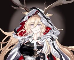 1girl animal_ears antlers antlers_through_hood arknights black_gloves blonde_hair candle candlestand cape chinese_commentary closed_mouth commentary_request ears_through_hood fire gloves hair_between_eyes hair_ornament highres holding hood hood_up hooded_cape horns light_smile long_hair looking_at_viewer mangmu_chi_yu partially_fingerless_gloves purple_eyes sketch solo spotlight upper_body viviana_(arknights) white_cape x_hair_ornament