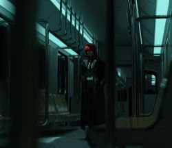 1girl black_necktie blurry blurry_background blurry_foreground chainsaw_man coat glowing glowing_eyes hands_in_pockets makima_(chainsaw_man) mon_eree necktie red_hair seat shaded_face solo standing train_interior