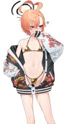 1girl absurdres ahoge alternate_costume averting_eyes bare_legs bikini bikini_under_clothes blue_archive collarbone commentary feet_out_of_frame flat_chest gold_bikini groin halo halterneck hand_in_pocket highleg highleg_bikini highres huge_ahoge jacket jacket_over_swimsuit linea_alba micro_bikini mole mole_under_eye navel neru_(blue_archive) orange_hair pyytato red_eyes ribs short_hair simple_background solo squiggle stomach string_bikini sukajan swimsuit white_background