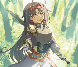 1girl :d ahoge armor blurry blurry_background breastplate commentary covered_navel fantasyismyname fingerless_gloves gloves hairband holding holding_sword holding_weapon long_hair long_sleeves looking_at_viewer lower_teeth_only obsidian_slasher open_mouth purple_gloves purple_hair red_eyes red_hairband smile solo sword sword_art_online teeth very_long_hair weapon yuuki_(sao)