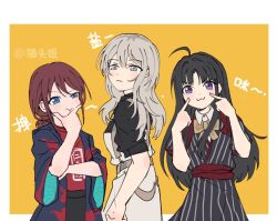 3girls :3 ahoge awa_subaru black_hair black_kimono blue_eyes blue_haori bow bowtie brown_bow brown_bowtie brown_hair catowjeemson chinese_commentary closed_mouth commentary_request girls_band_cry grey_eyes grey_hair haori iseri_nina japanese_clothes kawaragi_momoka kimono kuuhaku_to_catharsis long_hair looking_at_viewer low_twintails multicolored_hair multiple_girls parted_bangs purple_eyes red_shirt roots_(hair) shirt short_hair short_sleeves short_twintails sidelocks translation_request twintails