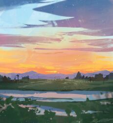 artist_name blue_sky cloud commentary grass mountainous_horizon no_humans orange_sky original outdoors power_lines scenery signature sky sunrise tree zandra