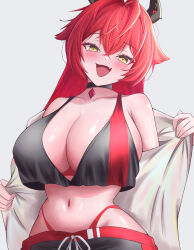 Rule 34 | 1girl, :d, absurdres, armpit crease, bare shoulders, black choker, black horns, black pants, black tank top, blush, breasts, choker, cleavage, collarbone, commentary, cowboy shot, crop top, crop top overhang, crossed bangs, drawstring, fang, goddess of victory: nikke, grey background, hair between eyes, hands up, highleg, highleg panties, highres, horns, huge breasts, long hair, looking at viewer, mechanical horns, midriff, navel, off shoulder, open clothes, open mouth, open shirt, panties, pants, panty straps, pendant choker, red hair, red hood (nikke), red panties, red pants, red tank top, shirt, sideboob, simple background, skin fang, smile, solo, standing, stomach, tank top, two-tone pants, two-tone tank top, underwear, undressing, white shirt, yellow eyes, zion rss