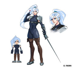 armor blue_eyes bodysuit crossover el_cuervo final_fantasy final_fantasy_vii gloves highres holding holding_weapon long_hair low_poly materia ponytail rwby shoulder_armor sword thighhighs watermark weapon weiss_schnee white_hair