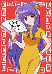 1girl bracelet china_dress chinese_clothes commentary double_bun dress hair_bun hand_fan hand_on_own_hip haruru_(dontacocon) highres holding holding_fan jewelry looking_at_viewer panda purple_hair ranma_1/2 saotome_genma_(panda) shampoo_(ranma_1/2) short_sleeves side_slit sidelocks smile solo symbol-only_commentary yellow_dress