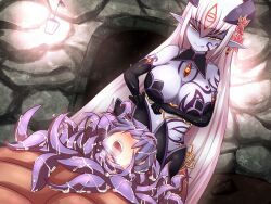 1boy 1girl age_difference alipheese_fateburn_xvi black_gloves blush breast_tattoo breasts couple elbow_gloves facial_tattoo femdom flower flower_on_head gloves hair_tattoo jewelry lamia licking_lips long_ears long_hair luka_(mon-musu_quest!) mon-musu_quest! monster_girl older_woman_and_younger_man open_mouth pointy_ears purple_hair short_hair shota slime_(substance) smile stomach_tattoo tattoo tentacles tongue tongue_out very_long_hair vore white_hair yellow_eyes