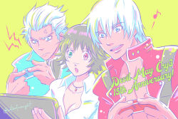 1girl 2boys allie_(united_f) anger_vein anniversary artist_name black_hair blue_coat blue_eyes breasts cleavage coat copyright_name dante_(devil_may_cry) devil_may_cry devil_may_cry_(series) devil_may_cry_3 green_eyes heterochromia joy-con lady_(devil_may_cry) multiple_boys musical_note nintendo_switch red_coat red_eyes scar scar_on_face scar_on_nose shirt simple_background vergil_(devil_may_cry) white_hair white_shirt yellow_background