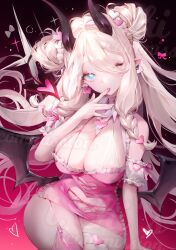 Rule 34 | 1girl, absurdres, blue eyes, braid, breasts, cleavage, clothing cutout, commentary request, demon girl, demon horns, demon wings, double bun, dress, earrings, hair bun, hair ornament, heart, heart cutout, heart hair ornament, highres, horns, i.chi, jewelry, large breasts, long hair, looking at viewer, one eye closed, original, pink dress, pointy ears, solo, thighhighs, white hair, wings