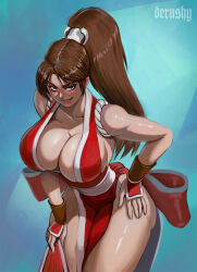 1girl breasts cleavage curvy derushy fatal_fury female_focus hand_on_own_hip highres huge_breasts japanese_clothes long_hair looking_at_viewer matching_hair/eyes ponytail shiranui_mai snk solo the_king_of_fighters thick_thighs thighs wide_hips
