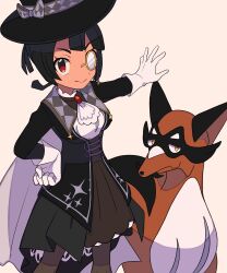 1girl ascot black_hair black_headwear brown_pantyhose closed_mouth commentary_request eyelashes gen_8_pokemon gloves hand_on_own_hip hat highres knees monocle nintendo official_alternate_costume outstretched_arm pantyhose pokemon pokemon_(creature) pokemon_masters_ex red_eyes smile standing thievul tyako_089 white_ascot white_background white_gloves zinnia_(pokemon) zinnia_(special_costume)_(pokemon)