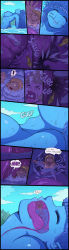 ! 2girls absurdres anko_(karbo) blonde_hair blue_hair blue_skin breasts cleavage colored_skin comic felarya giant giantess highres inside_creature karbo long_hair mermaid monster_girl multiple_girls navel nipples open_mouth pointy_ears shirt short_hair swallowing teeth throat_bulge tongue uvula vore water wet white_shirt x-ray