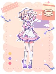 Rule 34 | 1girl, absurdres, apron, ayano rika, cup, dress, full body, highres, looking at viewer, magia record: mahou shoujo madoka magica gaiden, mahou shoujo madoka magica, maid headdress, pink dress, plate, ruru (rurumagi), salute, socks, solo, teacup, two-finger salute, waist apron, white apron, white socks