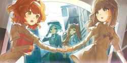 4girls :o aged_down ascot black_bow black_bowtie black_coat black_hat black_pants black_vest blue_bow book bow bowtie building checkered_hairband coat dress green_eyes grey_eyes grey_hair guni_(9guniguni) hair_bun hairband hand_up hat hat_bow highres holding holding_book holding_hands holding_suitcase hugging_book hugging_object layered_sleeves long_sleeves looking_at_another looking_at_viewer looking_back medium_hair multiple_girls orange_hair pants reverse:1999 short_hair short_over_long_sleeves short_sleeves single_side_bun sonetto_(reverse:1999) suitcase time_paradox traditional_bowtie two_side_up vertin_(reverse:1999) vest waistcoat white_ascot white_dress white_hairband