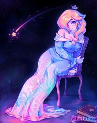 1girl aqua_dress bare_shoulders blonde_hair book breasts brooch chair crown dress ellie_lotus floating_crown floral_print hair_over_one_eye highres jewelry long_hair long_sleeves looking_at_viewer mario_(series) nintendo off-shoulder_dress off_shoulder rosalina shooting_star sitting solo star_(sky) star_brooch starry_sky_background wide_hips