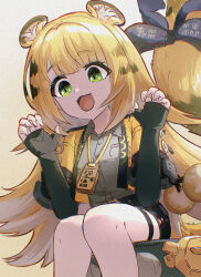 1girl absurdres animal_ear_fluff animal_ears black_shorts blonde_hair blunt_bangs bow breast_pocket breasts claw_pose collared_shirt colored_inner_hair commentary_request cowboy_shot elbow_gloves elinanoodles fingerless_gloves from_below gloves green_eyes grey_shirt high-waist_shorts highres jacket ju_fufu long_hair looking_down multicolored_hair open_mouth pocket shirt shorts sidelocks sitting small_breasts solo striped_fur striped_hair tail tail_bow tail_ornament thigh_strap tiger_ears tiger_girl tiger_stripes tiger_tail very_long_hair white_hair yellow_jacket zenless_zone_zero