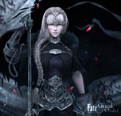 1girl 3d armor banner blood blood_on_face braid cowboy_shot fate/apocrypha fate/grand_order fate_(series) female_focus highres jeanne_d&#039;arc_(fate) jeanne_d&#039;arc_(ruler)_(fate) jeanne_d&#039;arc_alter_(avenger)_(fate) jeanne_d&#039;arc_alter_(fate) lips nose realistic single_braid single_vambrace solo vambraces