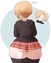1girl 2023 ass black_hoodie black_thighhighs blonde_hair chibi chibi_inset dated ear_piercing flying_sweatdrops from_behind highres hood hood_down hoodie huge_ass idolmaster idolmaster_cinderella_girls long_sleeves mad_mex o_o outline piercing plaid_clothes plaid_skirt pleated_skirt red_skirt shirasaka_koume short_hair skindentation skirt sleeves_past_fingers sleeves_past_wrists solo thick_thighs thighhighs thighs watermark wavy_mouth white_outline