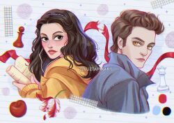 Rule 34 | 1boy, 1girl, apple, artist name, brown eyes, brown hair, chess piece, edward cullen, food, fruit, grey shirt, isabella swan, long hair, luztapiaart, pawn (chess), queen (chess), shirt, short hair, twilight (series), watermark