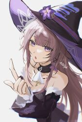 1girl absurdres akiyu_(skggdo) black_choker black_dress black_hat blunt_bangs brown_hair choker cool_your_head detached_sleeves dress flower grey_background hat hat_flower herta_(honkai:_star_rail) highres honkai:_star_rail honkai_(series) index_finger_raised long_hair long_sleeves looking_at_viewer open_mouth purple_eyes purple_flower simple_background solo strapless strapless_dress the_herta_(honkai:_star_rail) upper_body very_long_hair witch_hat