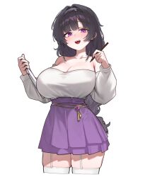 1girl absurdres bare_shoulders black_hairband blush breasts cleavage collarbone cowboy_shot garter_straps hairband highres holding holding_notebook holding_pen large_breasts long_hair long_sleeves looking_at_viewer miniskirt notebook off-shoulder_sweater off_shoulder open_mouth original pen purple_eyes purple_skirt sangobob sidelocks simple_background skirt solo sweater teeth thighhighs thighs upper_teeth_only white_background white_sweater white_thighhighs