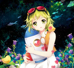 1girl animal animal_on_shoulder bellflower bird bird_on_shoulder blue_background campanella_(vocaloid) dress female_focus flower goggles goggles_on_head green_eyes green_hair gumi heart hugging_object matching_hair/eyes mca_(dessert_candy) rocket shirt short_hair solo tears vocaloid