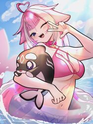 1girl ahoge bikini body_markings breasts cloud collar facial_mark heart heart_ahoge highres holding indie_virtual_youtuber innertube multicolored_hair navel official_alternate_hair_color one_eye_closed open_mouth pink_bikini pink_collar pink_hair purple_eyes shylily sky streaked_hair swim_ring swimsuit tongue v virtual_youtuber water white_hair yuuran_ki