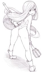 1girl ass back chunsoft dragon_quest dragon_quest_iii enix female_focus full_body greyscale long_hair looking_at_viewer looking_back monochrome open_mouth priest_(dq3) saltydanshark simple_background solo very_long_hair white_background