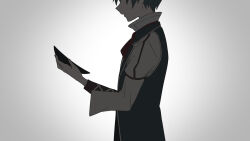 1boy aqua_hair blue_vest ex_(grimms_notes) grimms_notes highres holding holding_mask iumi_urura male_focus mask neckerchief possessed prometheus_(grimms_notes) red_neckerchief shirt short_hair solo upper_body vest white_shirt