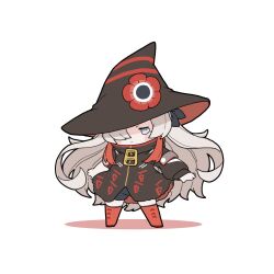 1girl :&lt; adapted_costume akichi_360 asymmetrical_sleeves black_coat black_hat black_ribbon black_shorts blush boots brown_hair chibi closed_mouth coat commentary floating_hair flower full_body grey_eyes hair_ribbon hat hat_flower high_collar highres isekaijoucho kamitsubaki_studio knee_boots long_hair long_sleeves looking_at_viewer multicolored_hair no_sclera print_coat red_boots red_flower red_hair ribbon shorts sigil simple_background solo standing streaked_hair symbol-only_commentary uneven_sleeves v-shaped_eyebrows very_long_hair white_background witch witch_hat zipper_pull_tab