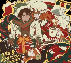 1boy 1girl absurdres blanket blush christmas_nightmare_(e.g.o) commentary_request cookie cup dark-skinned_male dark_skin e.g.o_(project_moon) food freckles gloves green_eyes green_gloves hat heathcliff_(project_moon) highres holding holding_cup holiday_(e.g.o) ishmael_(project_moon) korean_commentary limbus_company long_hair mob_cap mug orange_hair plate poopingfox project_moon sidelocks sweat tentacles very_long_hair