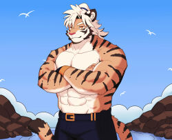 1boy abs absurdres animal_ears bara bird blue_sky closed_mouth crossed_arms furry furry_male highres looking_at_viewer male_focus mixed-language_commentary muscular muscular_male naite_maer_(threefold_recital) pectorals sky smile tail teamleader_(tl) threefold_recital tiger_boy tiger_ears tiger_stripes tiger_tail topless_male