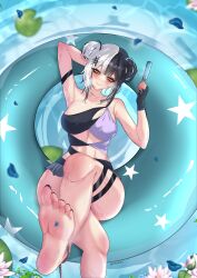 Rule 34 | 1girl, absurdres, arm strap, arm up, armpits, barefoot, bikini, black bikini, black hair, black nails, breasts, commentary, double bun, english commentary, feet, food, foot focus, foot up, hair bun, highres, holding, holding food, holding popsicle, hololive, hololive english, large breasts, lifinart, multicolored bikini, multicolored hair, nail polish, official alternate costume, official alternate hairstyle, on innertube, popsicle, purple bikini, shiori novella, shiori novella (holonatsu paradise), soles, solo, star (symbol), star print, swimsuit, toenail polish, toenails, toes, two-tone bikini, two-tone hair, virtual youtuber, water, white hair, yellow eyes