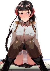 1girl black_eyes black_hair black_skirt blush braid breasts brown_hair brown_shirt brown_thighhighs fingerless_gloves gloves gradient_hair kantai_collection long_braid long_hair long_sleeves looking_at_viewer medium_breasts military_uniform multicolored_hair panties pleated_skirt pocket red_hair shirt simple_background single_braid skirt solo thighhighs tirasi_(so) underwear white_background white_panties yamashio_maru_(kancolle)