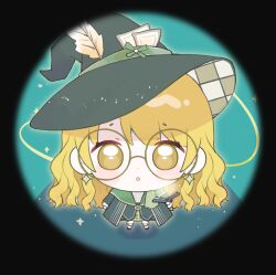 1girl :o baonu_de_zhanshen_caibutou belt belt_buckle black_belt black_border black_hat black_robe black_shoes blonde_hair blunt_bangs blush_stickers book border buckle card_in_hat checkered_hat chibi chinese_commentary commentary_request dot_nose enchanted_writing_(infinity_nikki) expressionless eyelashes glasses green-framed_eyewear green_skirt grimoire hat hat_feather highres holding holding_book infinity_nikki kneehighs light_particles long_hair long_sleeves looking_at_viewer miniskirt nikki_(series) official_alternate_color open_book open_mouth outline plaid_clothes plaid_skirt robe round_border round_eyewear shirt shoes skirt socks solo sparkle tareme two-sided_fabric two-sided_headwear very_long_hair wavy_hair white_hat white_outline white_shirt white_socks witch_hat wizard yellow_eyes