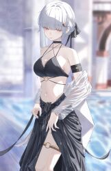 1girl alternate_costume armband bare_shoulders bikini bikini_top_only black_armband black_bikini black_ribbon black_sarong blurry blurry_background breasts celly_(mogmog_99) cleavage closed_mouth commentary_request cowboy_shot crescent crescent_hair_ornament fingernails grey_nails hair_ornament hair_ribbon highres long_fingernails medium_breasts mole mole_under_mouth nail_polish navel o-ring o-ring_thigh_strap red_eyes ribbon sanhua_(wuthering_waves) sarong short_hair sidelocks smile solo stomach swimsuit swimsuit_cover-up thigh_strap wet wuthering_waves