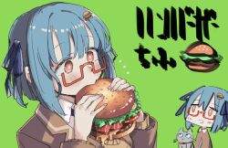 1girl blue_hair blue_ribbon blush brown_jacket burger cat commentary eating food food-themed_hair_ornament glasses green_background hair_ornament hair_ribbon hamburger-chan_(hundredburger) highres holding holding_burger holding_food jacket long_sleeves multiple_views omochi_chowder open_mouth original red-framed_eyewear red_eyes ribbon short_hair simple_background symbol-only_commentary upper_body