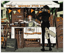1boy 1girl apron black_suit body_fur brown_fur closed_eyes commentary dog_boy english_commentary english_text feral_instincts formal_clothes furry furry_male green_apron hand_on_own_hip hat long_hair nagabe orange_hair original outdoors outstretched_arms shirt shop spread_arms standing stick string_of_flags striped_clothes striped_shirt suit sword tail tail_wagging twintails weapon
