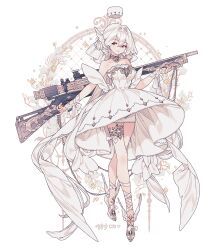 Rule 34 | 1girl, bare shoulders, dress, floral background, flower, full body, gem, gun, hair between eyes, holding, holding gun, holding weapon, lemon89h, original, rifle, rococo movement, sniper rifle, solo, strapless, strapless dress, striped background, weapon, white dress, white flower, white gemstone, white hair