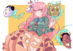 1girl absurdres ahoge blue_bow blue_bowtie blush bow bowtie dress fox_mask green_shirt groin happynalga hashtag-only_commentary hata_no_kokoro highres hobble_dress legs long_dress long_hair long_sleeves looking_at_viewer mask new_mask_of_hope noh_mask orange_background orange_dress pink_hair shirt solo touhou