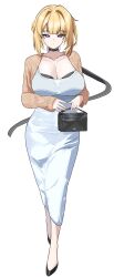 1girl absurdres alternate_costume bag black_bag black_choker blonde_hair breasts cardigan choker cleavage dress evelyn_chevalier fahufahu full_body hair_intakes handbag high_heels highres jewelry large_breasts long_dress medium_hair mole mole_under_eye necklace open_cardigan open_clothes purple_eyes white_dress zenless_zone_zero