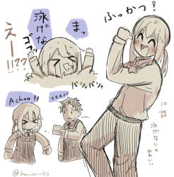&gt;_&lt; ^_^ ^v^ absurdres apron asphyxiation belt chibi closed_eyes collared_shirt doug_(youchien_wars) drowning greyscale highres long_bangs long_sleeves monochrome name_tag necktie non_ni_1111 ponytail rita_(youchien_wars) shirt spit_take spitting twitter_username youchien_wars