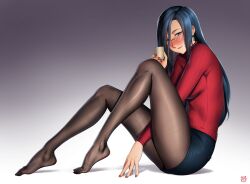 Rule 34 | 1girl, black hair, black pantyhose, blue eyes, blue skirt, cup, feet, finalcake, glasses, hat over eyes, highres, holding, holding cup, justice gakuen, long hair, long sleeves, minazuki kyouko, no shoes, pantyhose, pencil skirt, red sweater, ribbed sweater, skirt, sweater, turtleneck