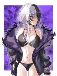 1girl bikini black_bikini black_coat breasts closed_mouth coat commentary fur-trimmed_coat fur_trim highres hololive hololive_english large_breasts navel pandarin purple_coat ribbon shiori_novella solo swimsuit two-sided_coat two-sided_fabric virtual_youtuber white_ribbon