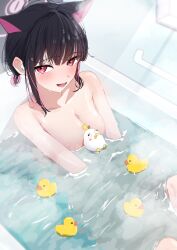 1girl animal_ears bathing bathroom bathtub black_hair blue_archive blush breasts cat_ears colored_inner_animal_ears colored_inner_hair commentary_request completely_nude day extra_ears halo highres indoors kazu_(kauk3753) kazusa_(blue_archive) large_breasts light_rays looking_at_viewer lower_teeth_only multicolored_hair nude open_mouth peroro_(blue_archive) pink_eyes pink_hair pink_halo rubber_duck smile solo steam sunbeam sunlight teeth tongue towel_rack two-tone_hair water water_drop wet