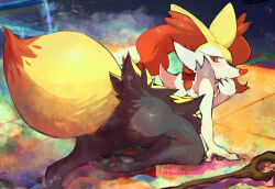 1girl all_fours animal_ear_fluff animal_ears animal_feet animal_nose artist_name ass ass_focus black_fur blonde_hair blush body_fur bow braid braixen colored_tips dated feet female_focus fox_ears fox_girl fox_tail from_behind furry furry_female gen_6_pokemon hair_bow hair_over_one_eye hand_to_own_mouth hand_up large_tail looking_back multicolored_fur multicolored_hair neck_fur nintendo on_floor one_eye_covered pokemon pokemon_(creature) pwpads red_bow red_eyes red_hair short_hair signature single_braid snout soles solo stick tail thwillartz tile_floor tiles toes twitter_username white_fur yellow_fur