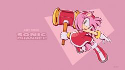 1girl absurdres amy_rose backless_dress backless_outfit bare_arms character_name dress full_body furry furry_female gloves green_eyes hammer headband hedgehog_girl highres holding holding_hammer holding_weapon looking_at_viewer official_art official_wallpaper open_mouth pink_background pink_fur red_dress red_shoes shoes simple_background solo sonic_(series) sonic_channel weapon white_gloves